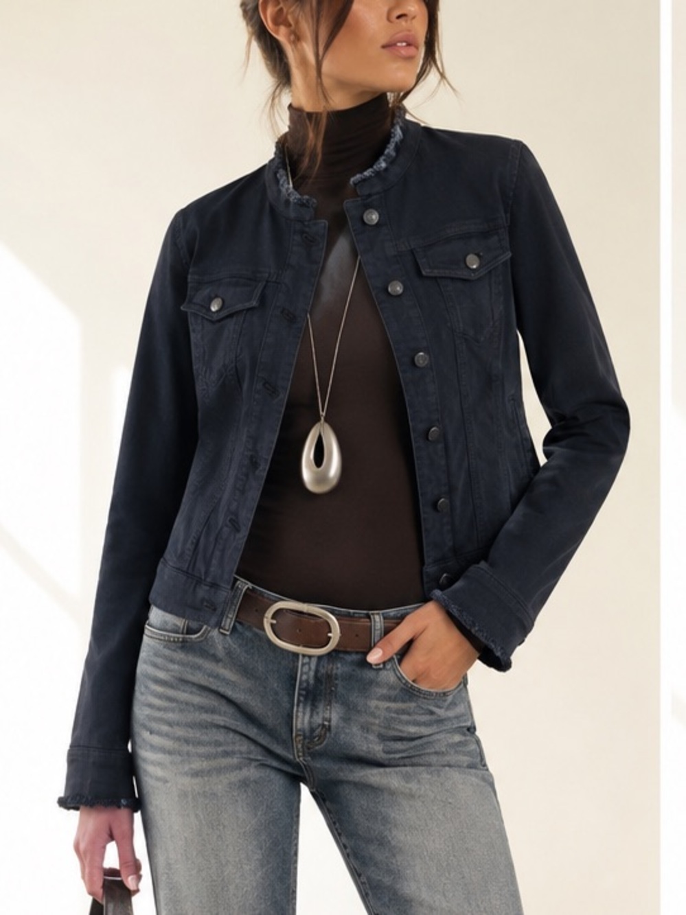 Marc Cain Designer Raw Trim Denim Jacket Back Bow Detail Sz 2 / Sz S US - Picture 2 of 16